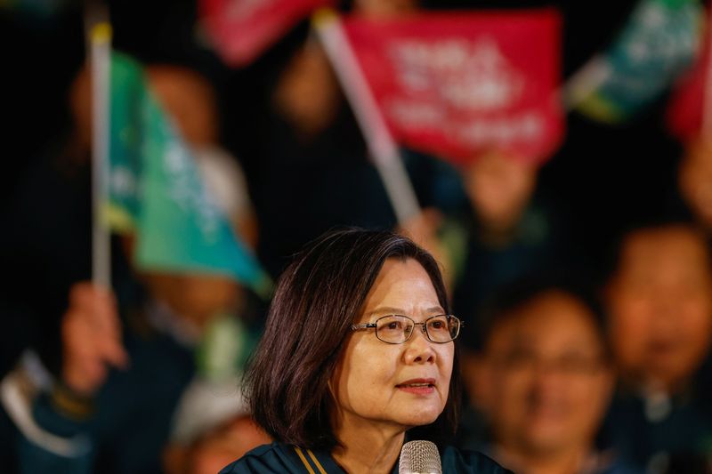 &copy; Reuters. FILE PHOTO: Taiwan's President Tsai Ing-wen speaks during a campaign rally of the ruling Democratic Progressive Party (DPP) ahead of the presidential and parliamentary elections in Taipei, Taiwan January 11, 2024. REUTERS/Carlos Garcia Rawlins/File Photo