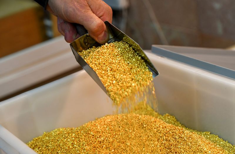 &copy; Reuters. An employee takes granules of 99.99 percent pure gold in a workroom at the Novosibirsk precious metals refining and manufacturing plant in the Siberian city of Novosibirsk, Russia, September 15, 2023. REUTERS/Alexander Manzyuk