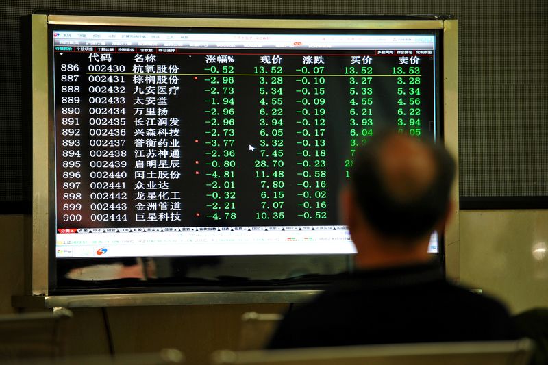 &copy; Reuters. A man sits in front of a screen displaying stock information at a brokerage house in Jinhua, Zhejiang province, China August 2, 2019. REUTERS/Stringer