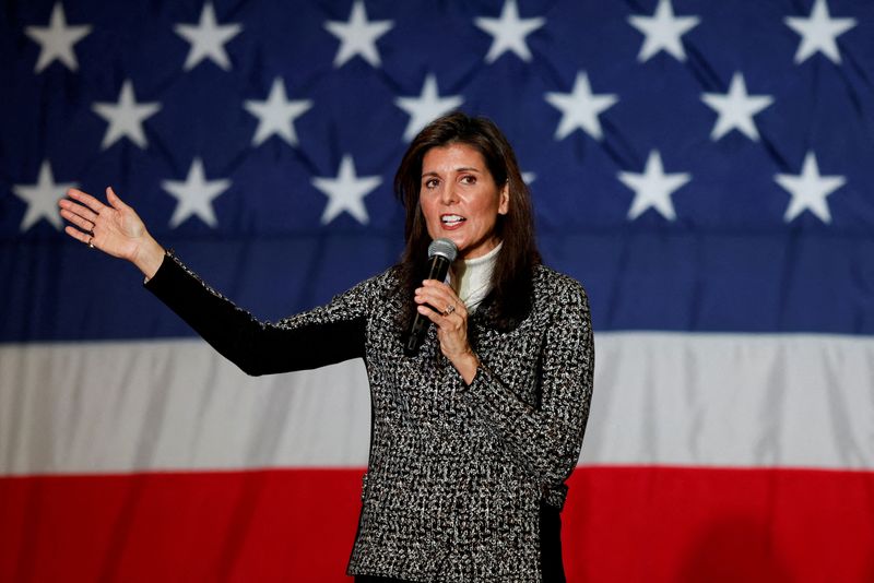 &copy; Reuters. FILE PHOTO: Republican presidential candidate and former U.S. Ambassador to the United Nations Nikki Haley speaks during a campaign event, ahead of the South Carolina Republican presidential primary election, in Conway, South Carolina, U.S., January 28, 2