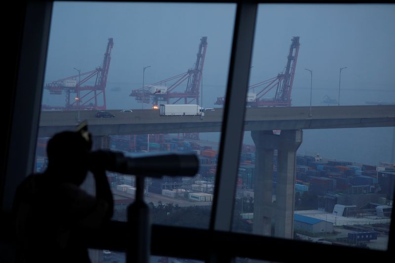 &copy; Reuters. A man looks on cranes and shipping containers from an observation platform at Pyeongtaek port in Pyeongtaek, South Korea, July 9, 2020.    REUTERS/Kim Hong-Ji/File Photo
