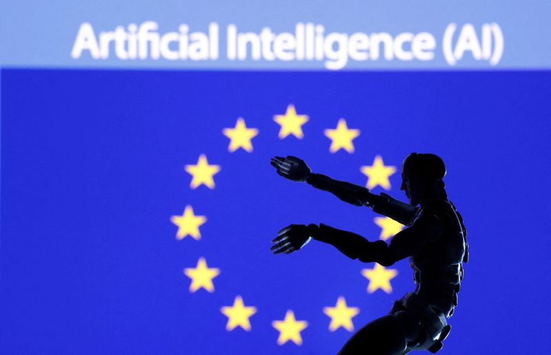 &copy; Reuters. FILE PHOTO: AI Artificial intelligence words, miniature of robot and EU flag are seen in this illustration taken December 21, 2023. REUTERS/Dado Ruvic/Illustration//File Photo
