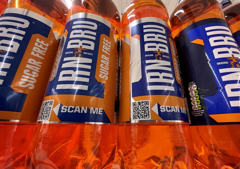 &copy; Reuters. FILE PHOTO: Bottles of Irn-Bru drink, produced by drinks manufacturer A.G. Barr, are displayed in a supermarket in London, Britain, March 25, 2023. REUTERS/Toby Melville/File Photo