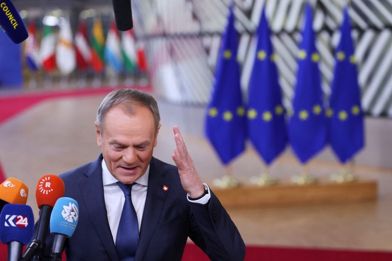 &copy; Reuters. FILE PHOTO: Polish Prime Minister Donald Tusk speaks to the press as he attends a European Union summit in Brussels, Belgium February 1, 2024. REUTERS/Johanna Geron/File Photo