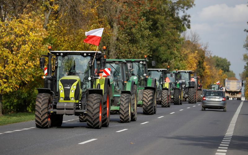 &copy; Reuters. FOTO DE ARCHIVO: Agricultores polacos ralentizan el tráfico conduciendo sus tractores mientras protestan contra el  Zurominek, Polonia. 7 de octubre de 2020. REUTERS/Kacper Pempel