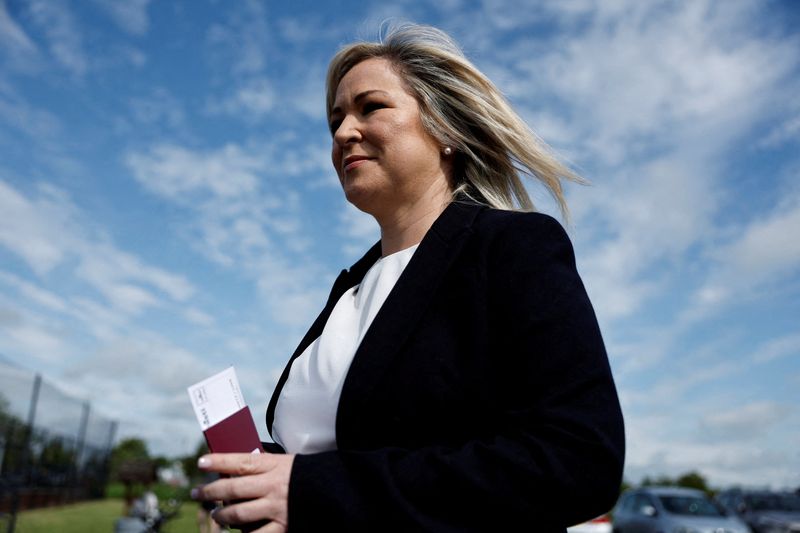 &copy; Reuters. FILE PHOTO: Vice President of Sinn Fein Michelle O'Neill leaves after voting at a polling station during local elections in Coalisland, Northern Ireland, May 18, 2023. REUTERS/Clodagh Kilcoyne/File Photo
