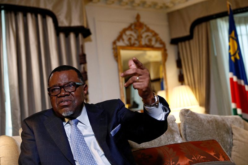 © Reuters. FILE PHOTO: President Hage Geingob of Namibia gestures during an interview with Reuters in central London, Britain December 1, 2016. REUTERS/Stefan Wermuth/File Photo