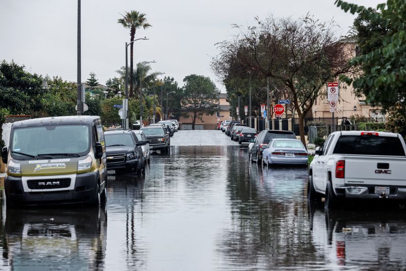 &copy; Reuters. سيارات مبتلة من مياه الفيضانات في لوس انجليس بولاية كاليفورنيا في الولايات المتحدة بتاريخ الأول من فبراير شباط 2024. تصوير: كارلين ستيل- رويتر