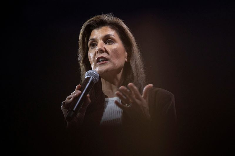 &copy; Reuters. FILE PHOTO: Republican presidential candidate and former U.S. Ambassador to the United Nations Nikki Haley speaks during a campaign visit, ahead of the Republican presidential primary election, at the Etherredge Center in Aiken, South Carolina, U.S. Febru