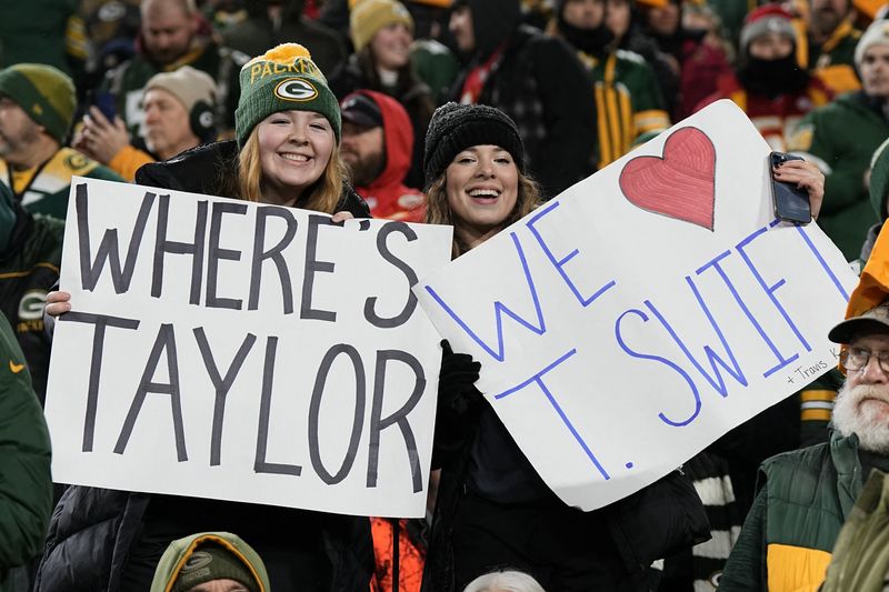 &copy; Reuters. Dec 3, 2023; Green Bay, Wisconsin, USA;  Fans of Taylor Swift hold up signs during warmups prior to the game between the Kansas City Chiefs and Green Bay Packers at Lambeau Field. Mandatory Credit: Jeff Hanisch-USA TODAY Sports/File Photo