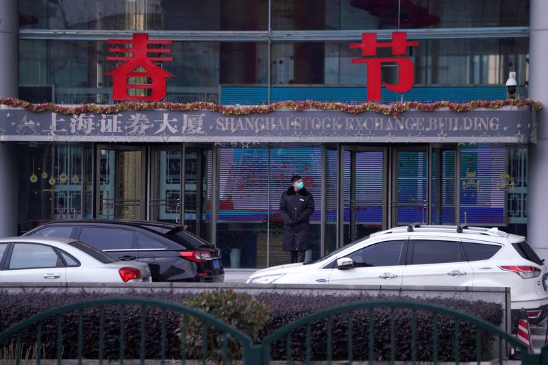 &copy; Reuters. FILE PHOTO: A security guard stands at the Shanghai Stock Exchange building at the Pudong financial district in Shanghai, China, as the country is hit by an outbreak of a new coronavirus, February 3, 2020. REUTERS/Aly Song/File Photo