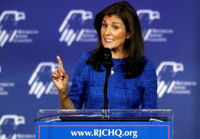&copy; Reuters. FILE PHOTO: Republican U.S. presidential candidate Nikki Haley, former governor of South Carolina and former U.S. ambassador to the U.N.  speaks during the Republican Jewish Coalition Annual Leadership Summit in Las Vegas, Nevada, U.S. October 28, 2023. R