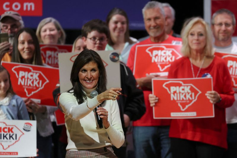 &copy; Reuters. Nikki Haley, a última oponente remanescente de Donald Trump pela indicação presidencial republicana, faz campanha na Carolina do Sul
02/02/2024
REUTERS/Shannon Stapleton