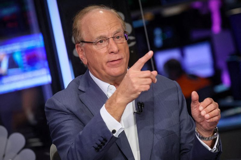 &copy; Reuters. FILE PHOTO: Larry Fink, Chairman and CEO of BlackRock, speaks during an interview with CNBC on the floor of the New York Stock Exchange (NYSE) in New York City, U.S., April 14, 2023.  REUTERS/Brendan McDermid/File Photo