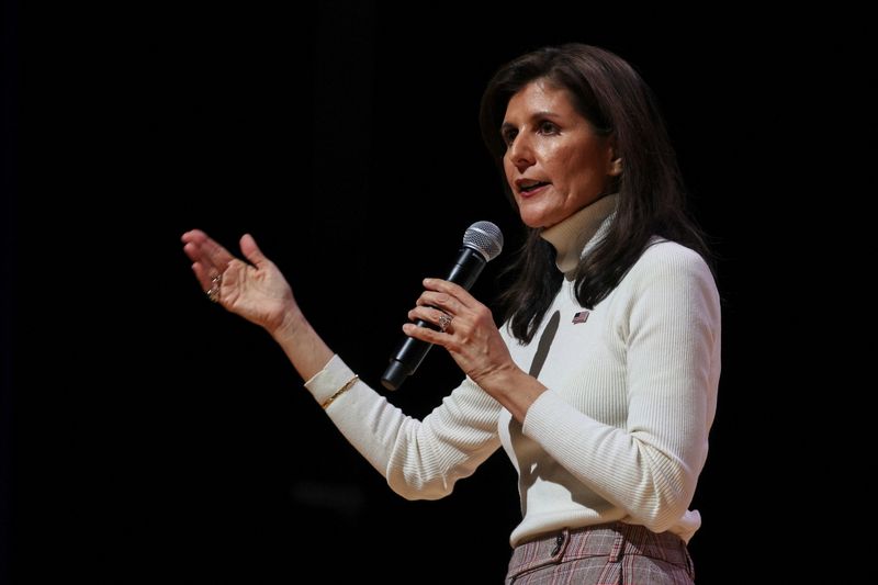 © Reuters. FILE PHOTO: Republican presidential candidate and former U.S. Ambassador to the United Nations Nikki Haley speaks while attending a campaign event at Indian Land High School's auditorium in Lancaster, South Carolina, U.S. February 2, 2024.  REUTERS/Shannon Stapleton/File Photo