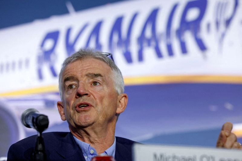 &copy; Reuters. FILE PHOTO: Ryanair Chief Executive Michael O'Leary speaks during a press conference about Ryanair's multibillion-dollar deal for as many as 300 Boeing jets at Boeing headquarters in Arlington, Virginia, U.S., May 9, 2023. REUTERS/Evelyn Hockstein/File Ph