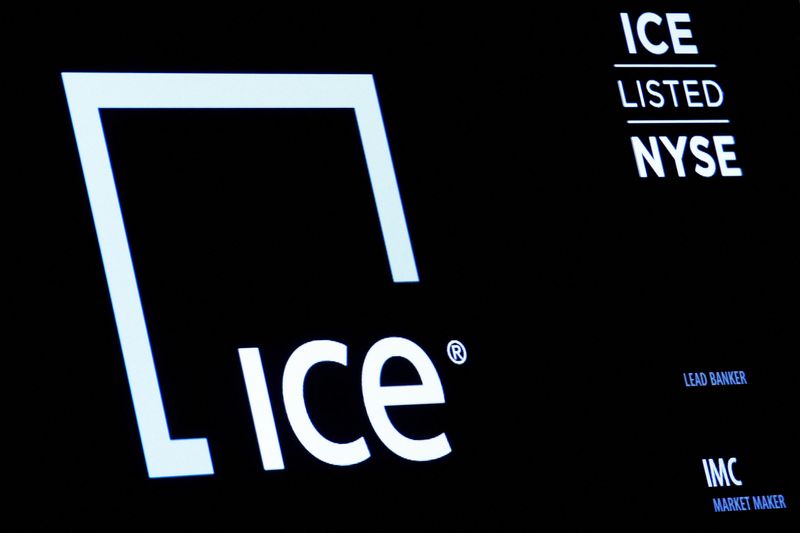 &copy; Reuters. FILE PHOTO: A screen displays the ticker symbol for Intercontinental Exchange, Inc. on the floor of the New York Stock Exchange (NYSE) in New York City, U.S., November 3, 2016.  REUTERS/Brendan McDermid/File Photo