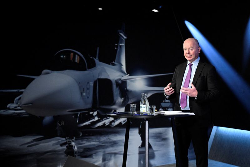 © Reuters. Swedish defence and security company Saab CEO Micael Johansson during the presentation of Saab's interim report, in Stockholm, Sweden February 9, 2024. Jessica Gow /TT News Agency/via REUTERS   