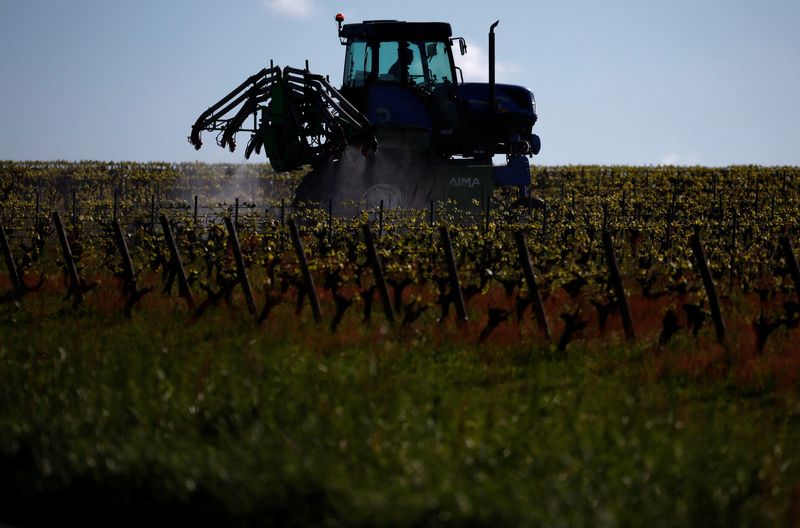 &copy; Reuters. Un agriculteur français conduit son tracteur pour pulvériser des produits phytosanitaires sur son vignoble à Vallet près de Nantes, France. /Photo prise le 17 avril 2024/REUTERS/Stéphane Mahe
