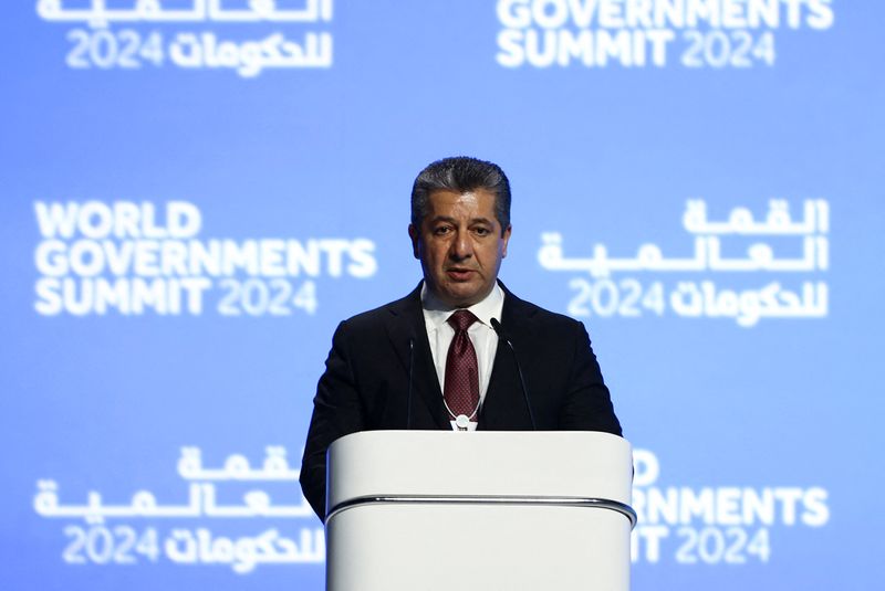&copy; Reuters. رئيس حكومة إقليم كردستان العراق مسرور برزاني يتحدث في القمة العالمية للحكومات 2024 في دبي في 12 فبراير شباط 2024. تصوير: عمرو الفقي - رويترز