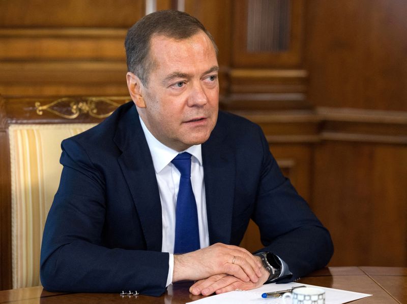 &copy; Reuters. FILE PHOTO: Deputy head of Russia's Security Council Dmitry Medvedev speaks during an interview with Russian media at a residence outside Moscow, Russia, March 23, 2023. Sputnik/Yekaterina Shtukina/Pool via REUTERS/File Photo
