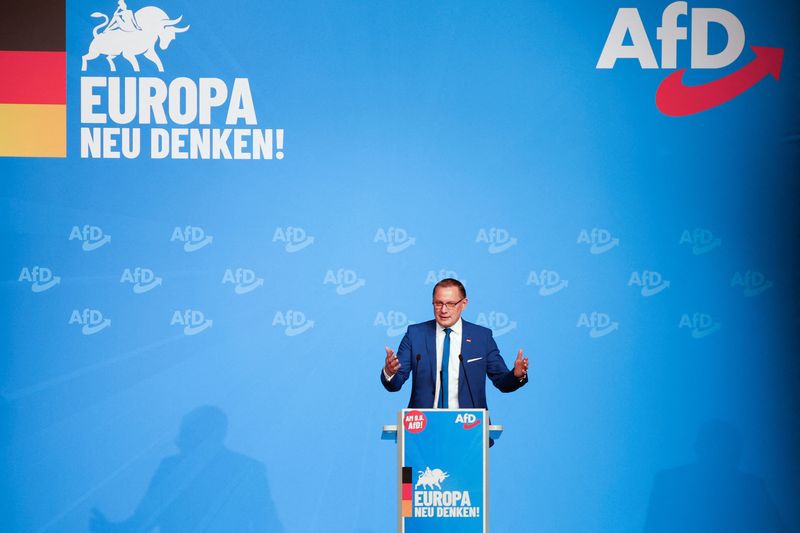 &copy; Reuters. Member of AfD Tino Chrupalla speaks as the right-wing Alternative for Germany (AfD) party launches its campaign for highly contested elections, in the three east German regions of Saxony, Thuringia, Brandenburg and the European Parliament elections in Don