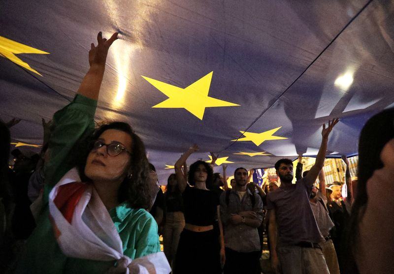 © Reuters. Demonstrators hold a big flag of the European Union during a protest against a bill on 