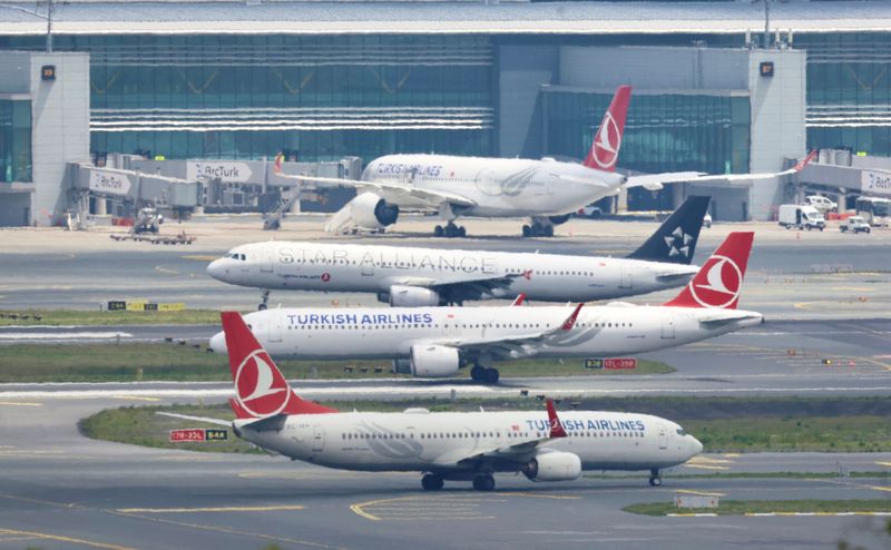 © Reuters. FILE PHOTO: Turkish Airlines (THY) aircraft are pictured on the tarmac of Istanbul Grand Airport in Istanbul, Turkey May 23, 2023. REUTERS/Yoruk Isik/File Photo