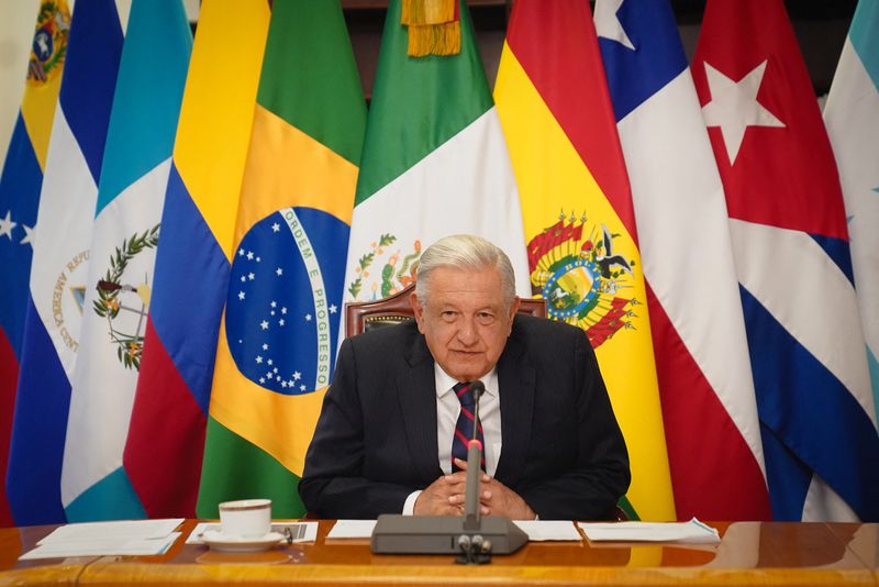 &copy; Reuters. FILE PHOTO: Mexico's President Andres Manuel Lopez Obrador attends a virtual meeting of the Community of Latin American and Caribbean States (CELAC) Presidents in response to the police raid at the Mexican embassy in Quito, in Tegucigalpa, Honduras, from 