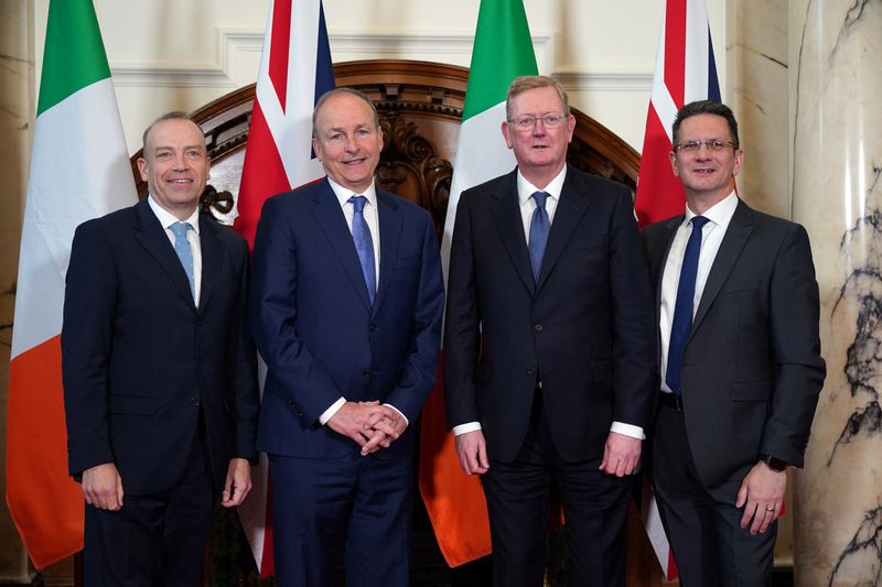 &copy; Reuters. Secretary of State for Northern Ireland Chris Heaton-Harris, Irish Tanaiste, Minister for Foreign Affairs and Defence Micheal Martin, Jonathan Caine, Parliamentary Under-Secretary of State for Northern Ireland, and Minister of State at the Northern Irelan
