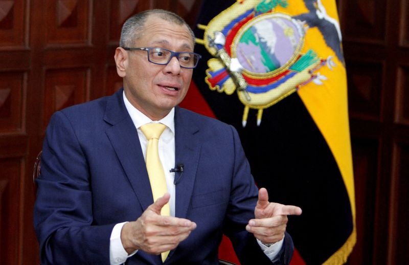 &copy; Reuters. FILE PHOTO: Ecuador's Vice President Jorge Glas talks during an interview with Reuters at the Government Palace in Quito, Ecuador, August 29, 2017.  REUTERS/Daniel Tapia/File Photo