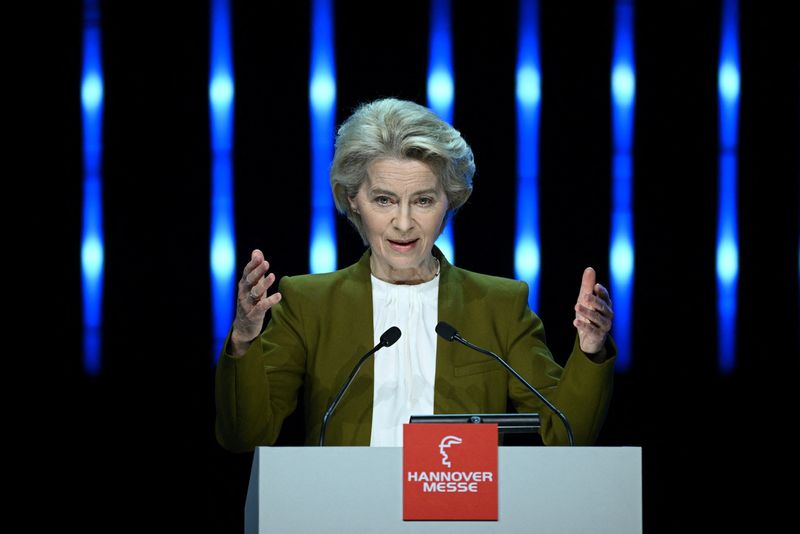 &copy; Reuters. European Commission President Ursula von der Leyen speaks during an opening ceremony of the industry trade fair Hannover Messe with a focus on carbon-neutral production, industries 4.0, energy for industry, artificial intelligence, hydrogen and fuel cells