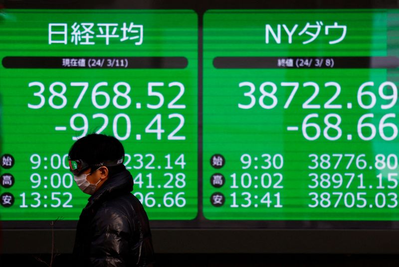 &copy; Reuters. شخص يسير أمام شاشة إلكترونية تعرض بيانات عن المؤشرين نيكي الياباني وداو جونز الصناعي خارج مكتب للسمسرة في طوكيو يوم 11 مارس آذار 2024. تصوير: إي