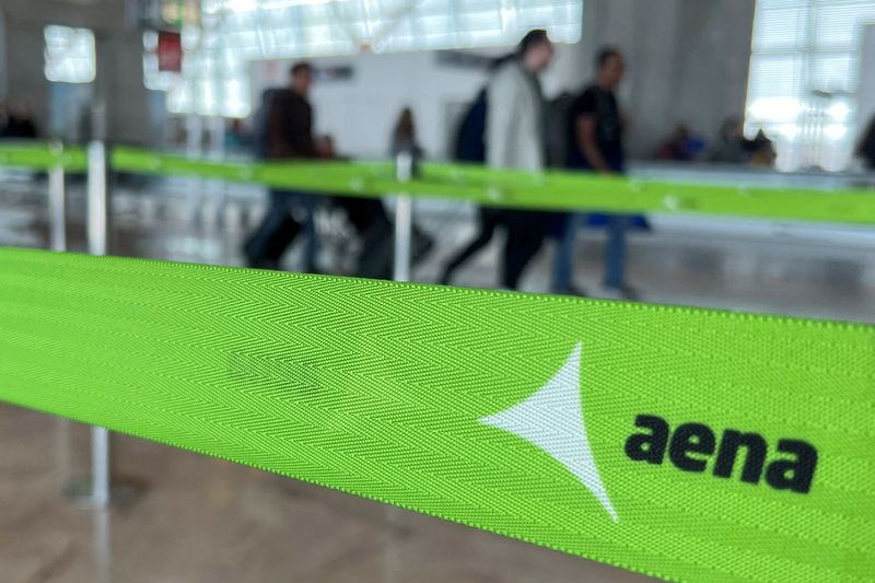 &copy; Reuters. FOTO DE ARCHIVO. El logo de Aena en una cinta separadora en el interior del aeropuerto Adolfo Suárez-Barajas de Madrid, España. 21 de febrero de 2023. REUTERS/Violeta Santos Moura