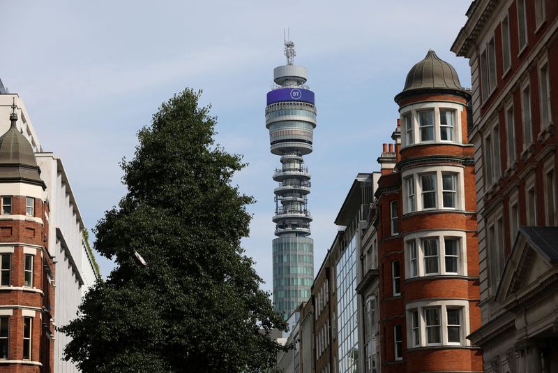 &copy; Reuters. FILE PHOTO: A view of BT Group logo displayed on BT tower, in London, Britain, July 21, 2023. REUTERS/Hollie Adams/File Photo
