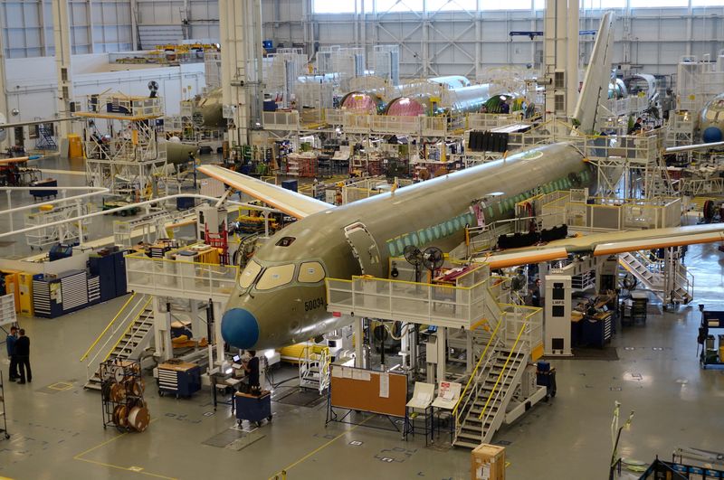 &copy; Reuters. FILE PHOTO: An Airbus A220 passenger jet, formerly known as the Bombardier CSeries, stands in the final assembly line where the European company plans a $30 million investment to keep up with forecast demand, in Mirabel near Montreal, Quebec, Canada Janua