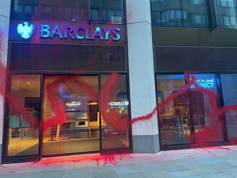 &copy; Reuters. A view of red paint on the Barclays branch building in Moorgate, which protesters sprayed with paint from a fire extinguisher, in London, Britain, May 1, 2024. REUTERS/Sinead Cruise