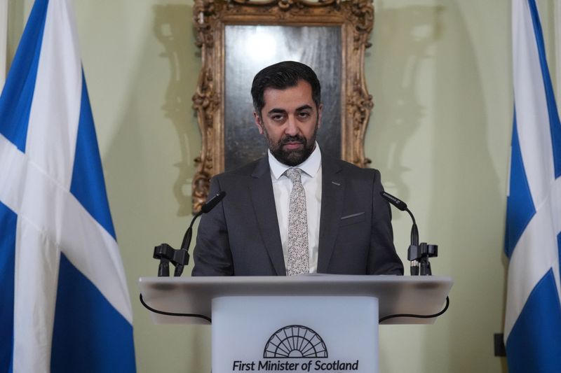 &copy; Reuters. FILE PHOTO: Scotland's First Minister Humza Yousaf speaks during a press conference at Bute House, his official residence where he said he will resign as SNP leader and Scotland's First Minister, avoiding having to face a no-confidence vote in his leaders