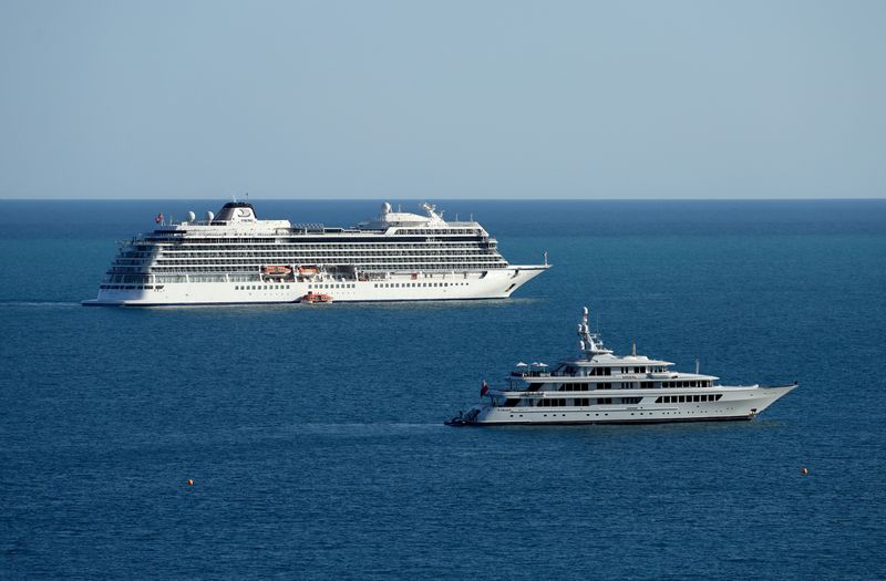 &copy; Reuters. FILE PHOTO: The Viking Sea cruise ship and the Utopia yacht are seen on the Mediterranean Sea in front of Monte Carlo in Roquebrune-Cap-Martin, France, April 11, 2024. REUTERS/Denis Balibouse/File Photo
