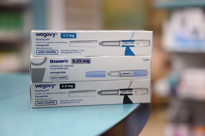 © Reuters. FILE PHOTO: Boxes of Ozempic and Wegovy made by Novo Nordisk are seen at a pharmacy in London, Britain March 8, 2024. REUTERS/Hollie Adams/File Photo