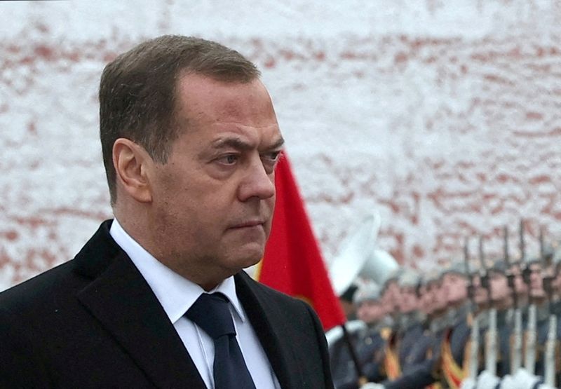 &copy; Reuters. FILE PHOTO: Russia's Deputy head of the Security Council Dmitry Medvedev takes part in a wreath laying ceremony marking Defender of the Fatherland Day at the Tomb of the Unknown Soldier by the Kremlin Wall in Moscow, Russia, February 23, 2024. Sputnik/Yek