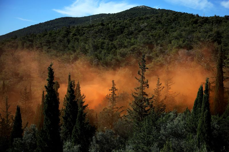 &copy; Reuters. Smoke from smoke grenades rise through the forest during a disaster risk training excercise to effectively deal with wildfires, in Athens, Greece, April 4, 2024. REUTERS/Louiza Vradi