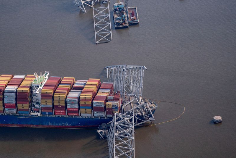 &copy; Reuters. FILE PHOTO: View of the Dali cargo vessel which crashed into the Francis Scott Key Bridge causing it to collapse in Baltimore, Maryland, U.S., April 4, 2024. REUTERS/Nathan Howard/ File Photo