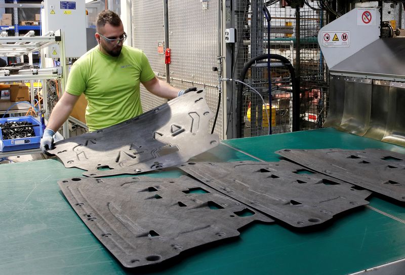 &copy; Reuters. An employee holds an underfloor shield in production at a plant of Swiss car parts supplier Autoneum in Sevelen, Switzerland September 5, 2019. Picture taken September 5, 2019. REUTERS/Arnd Wiegmann/ File Photo