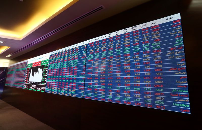 &copy; Reuters. لوحة إلكترونية تعرض بيانات الأسهم في بورصة الدوحة في صورة من أرشيف رويترز.
