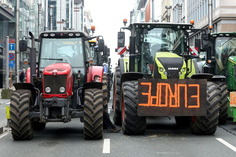 © Reuters. FILE PHOTO: Tractors stand on a street during a protest by Belgian farmers over price pressures, taxes and green regulation, on the day of an EU agriculture ministers' meeting in Brussels, Belgium March 26, 2024. REUTERS/Yves Herman/File Photo