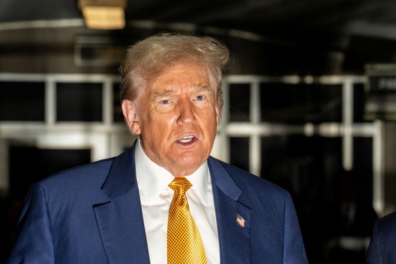&copy; Reuters. FILE PHOTO: Former US President Donald Trump speaks to members of the media at Manhattan criminal court in New York, US, on Thursday, May 2, 2024. Photographer: Jeenah Moon/Pool via REUTERS/File Photo