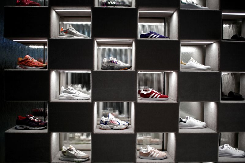 &copy; Reuters. File photo: Adidas sneakers are displayed for sale at the Galeries Lafayette department store on the Champs-Elysees avenue in Paris, France, April 11, 2019. REUTERS/Benoit Tessier/File photo
