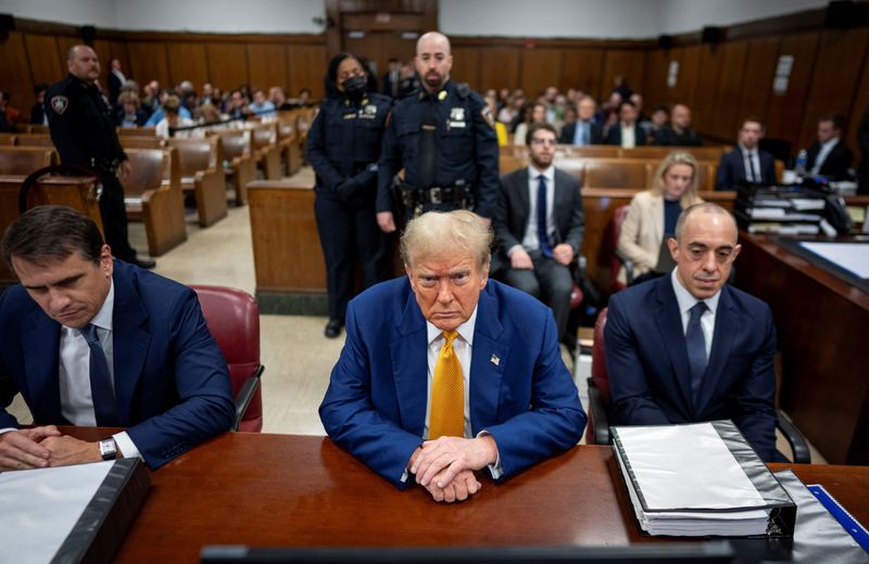 &copy; Reuters. Republican presidential candidate, former U.S. President Donald Trump awaits the start of proceedings in his criminal trial at the New York State Supreme Court in New York, New York, Thursday, May, 2, 2024. Doug Mills/Pool via REUTERS