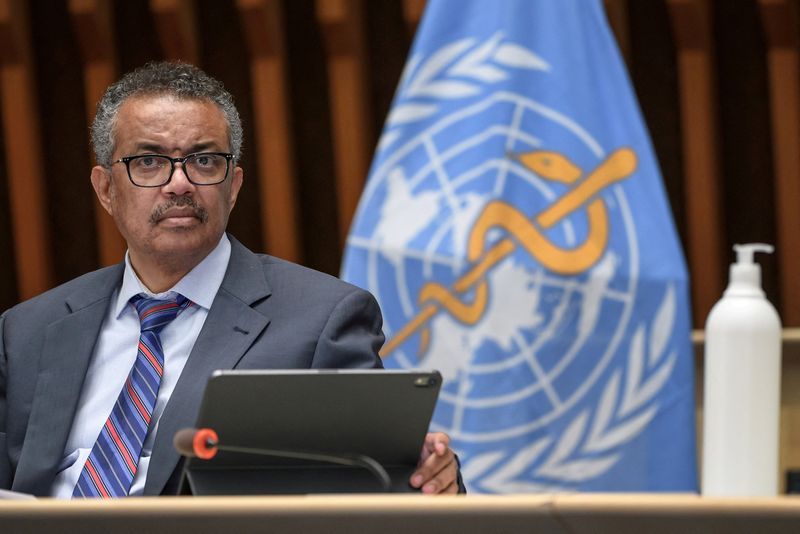 &copy; Reuters. FILE PHOTO: World Health Organization (WHO) Director-General Tedros Adhanom Ghebreyesus attends a news conference organized by Geneva Association of United Nations Correspondents (ACANU) amid the COVID-19 outbreak, caused by the novel coronavirus, at the 